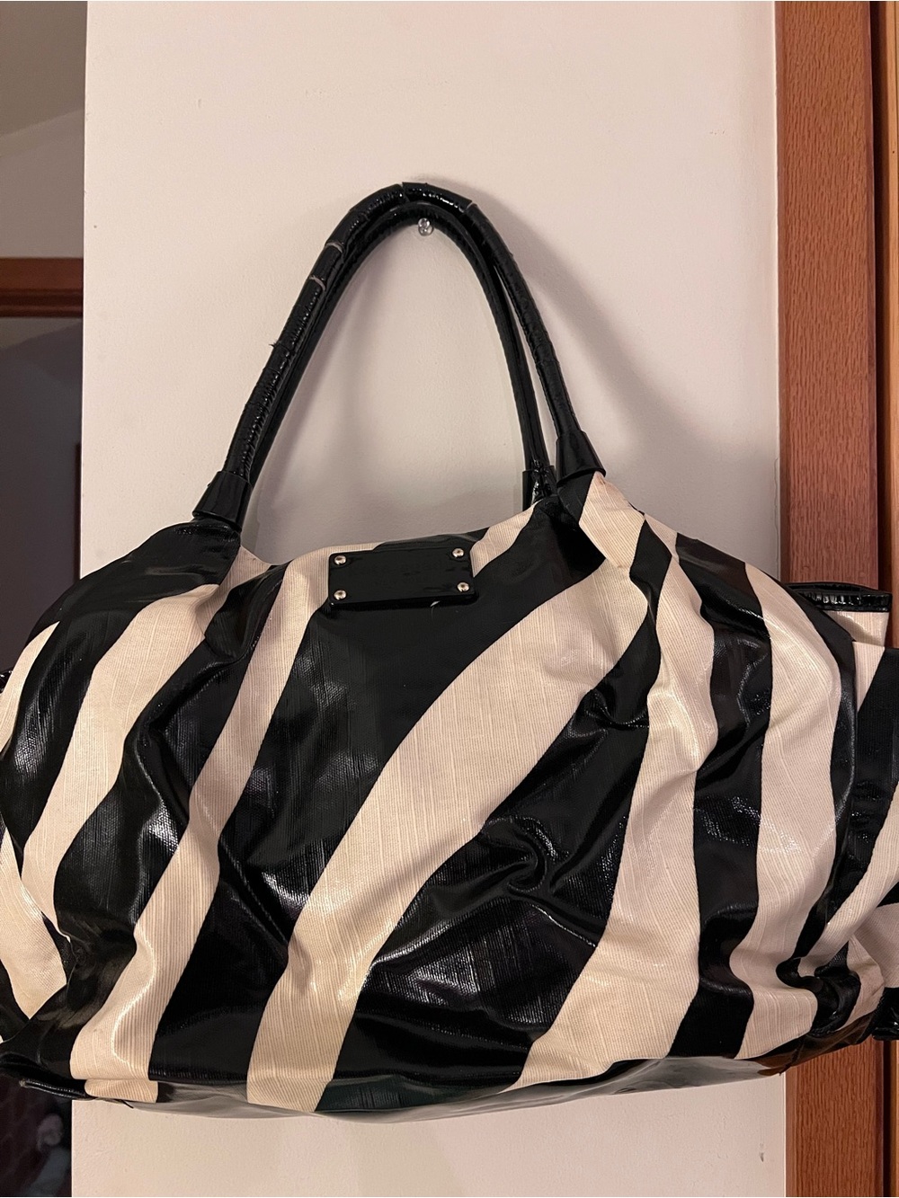 kate spade Black and Cream Striped Patent Tote baby bag